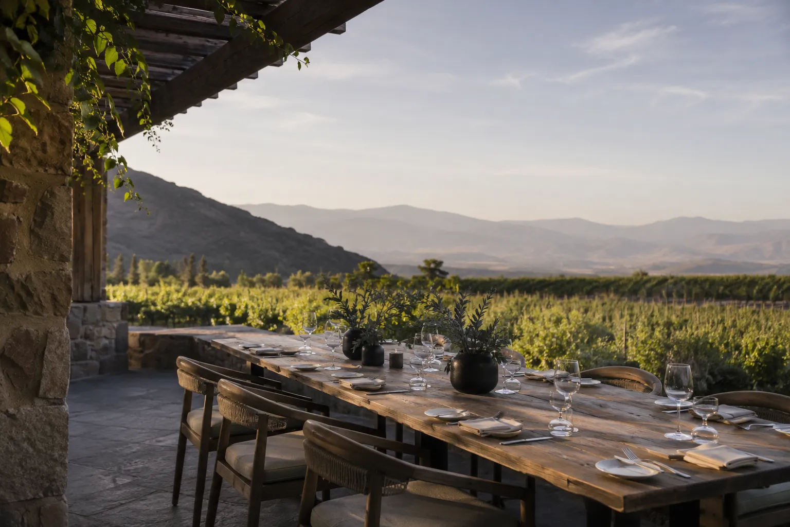 Una mesa preparada en una terraza con vistas a los viñedos.