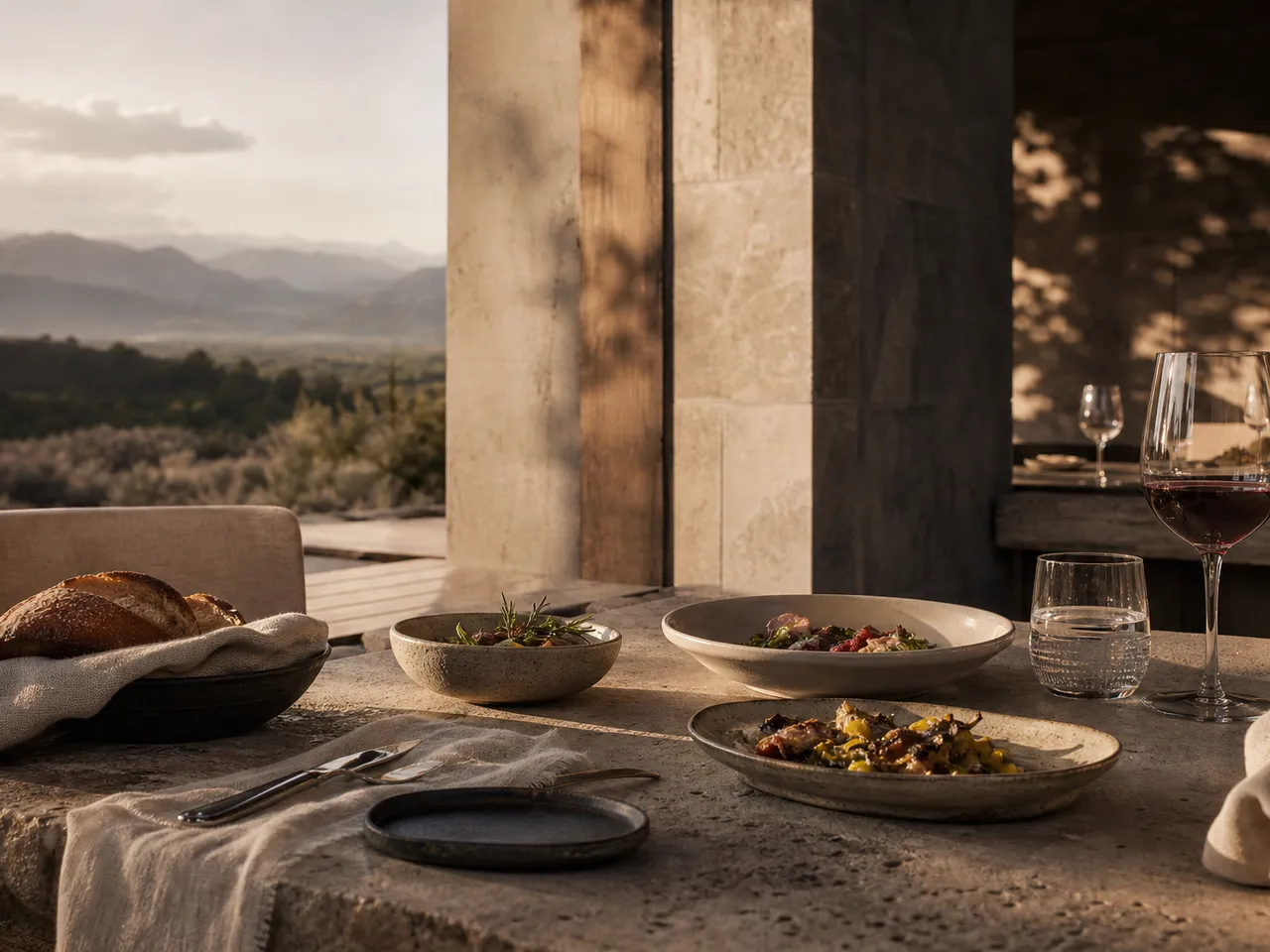 Mesa de restaurante de destino con platos y luz cálida.