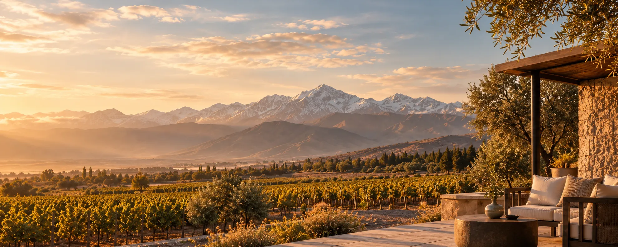 Terraza entre viñedos con vistas a los Andes al atardecer.